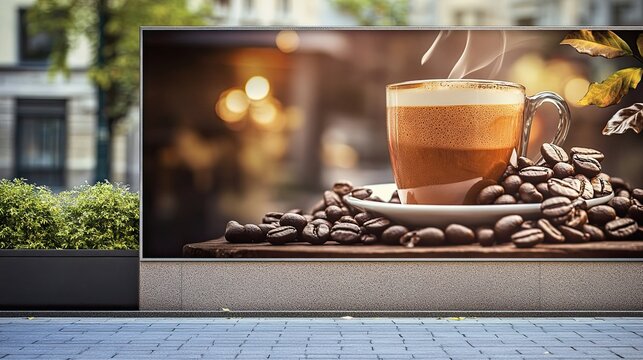 Outdoor coffee shop advertisement featuring a steaming cup of coffee.