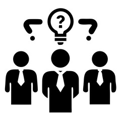 Three business people under light bulb with question mark and question marks on either side in black
