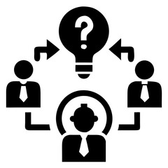 Illustration of three people connected with arrows to a lightbulb with a question mark inside it