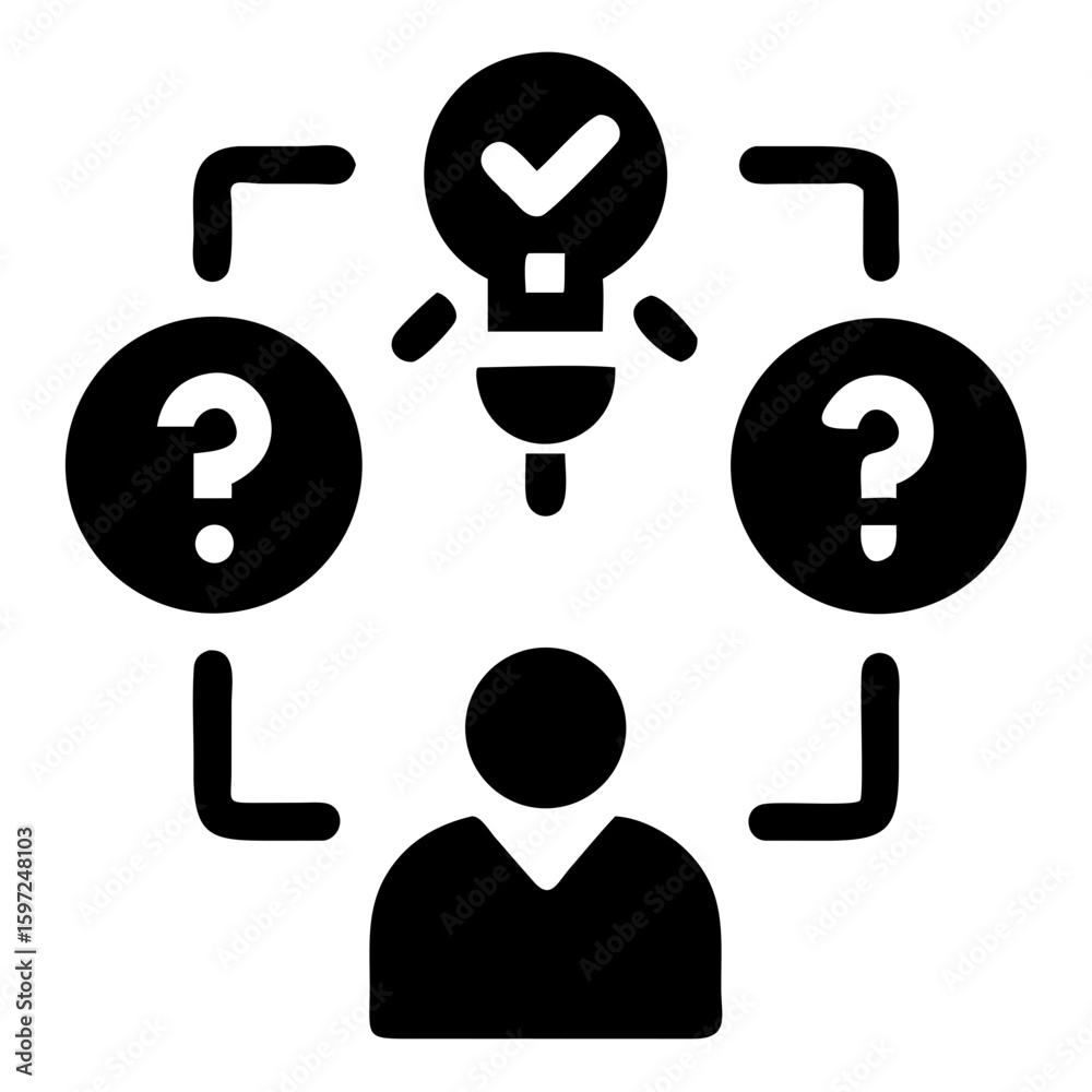 Poster vector illustration of a person with questions and an idea represented by a lightbulb with a checkma