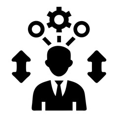 Person with gear and circles above head and arrows pointing up and down on either side icon style