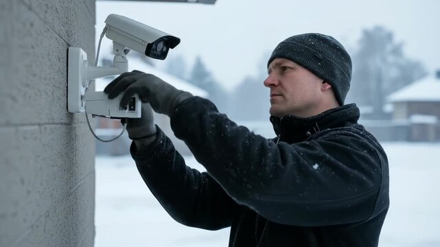 Technician installing security camera in snowy weather