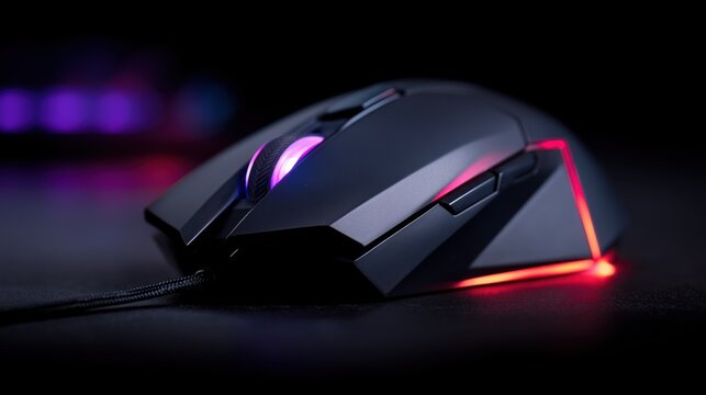 RGB Gaming Mouse with Angular Design – Side View on Dark Matte Surface with Purple and Red Glow
