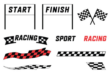Start and finish race flag set with checkered patterns, speed stripes, and motorsport graphics for racing vector illustration