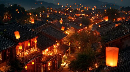Obraz premium Lanterns softly glowing floating over ancient rooftops at night peaceful magical scene warm lighting