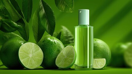 Lime Green Transparent Cosmetic Bottle – On Lime Slices with Tropical Leaves and Monochrome Background