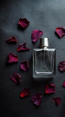 Luxury Perfume Bottle on Dark Leather – Minimal Top View with Scattered Burgundy Rose Petals