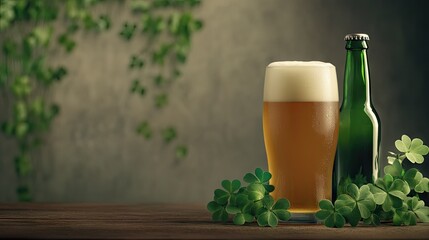 Glass of Beer with Shamrocks – St. Patrick’s Day Celebration on Rustic Wooden Table