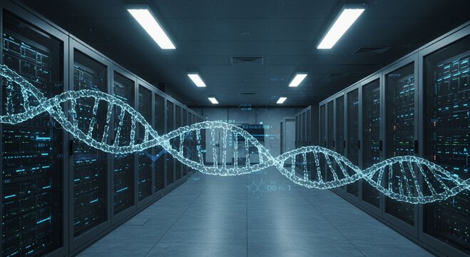 Digital dna helix in server room