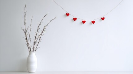 Minimalist White Vase with Twigs and Hanging Red Hearts – Clean Wall Background for Text Overlay