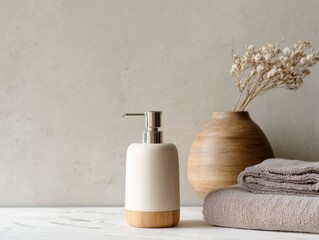 Minimalist Soap Dispenser with Wooden Top – Marble Surface Setup with Towels and Neutral Wall Background