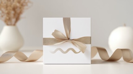 Minimalist White Gift Box with Beige Ribbon – Wavy Cutout Center Design for Modern Packaging