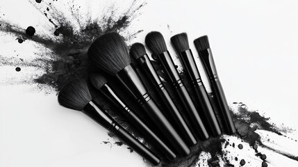 Luxury Black Makeup Brushes with Ink Splatter – Modern Flat Lay on White Background