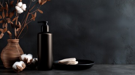 Skincare Bottle with Cotton Pads and Dried Flowers – Dark Setup on Black Surface