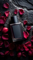 Luxury Perfume Bottle with Matte Cap – Top View on Black Surface with Red Rose Petals
