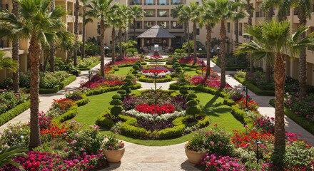 Naklejka premium View of a meticulously landscaped garden with palm trees and a gazebo in the background at daytime