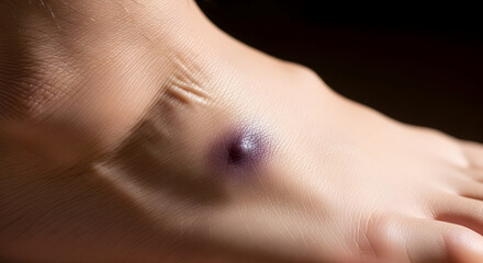 Fototapeta premium Close-up of a person's ankle with a bruise and swelling indicating injury or trauma in a natural setting for medical or health-related stock images