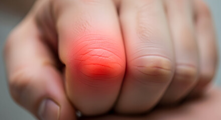 Close-up of a person&rsquo;s finger with a swollen and inflamed red sore on the fingertip indicating infection or injury with detailed skin texture and natural lighting