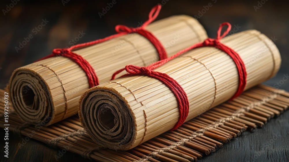 Fototapete ancient knowledge embodied in bamboo scrolls tied with vermillion thread