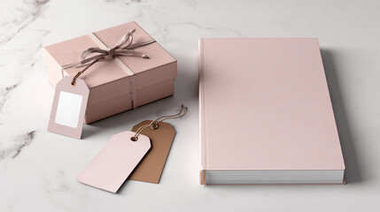 Pink gift box and book with blank tags gift tags