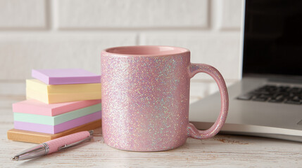 Fototapeta premium Pink glitter mug with laptop and pastel sticky notes