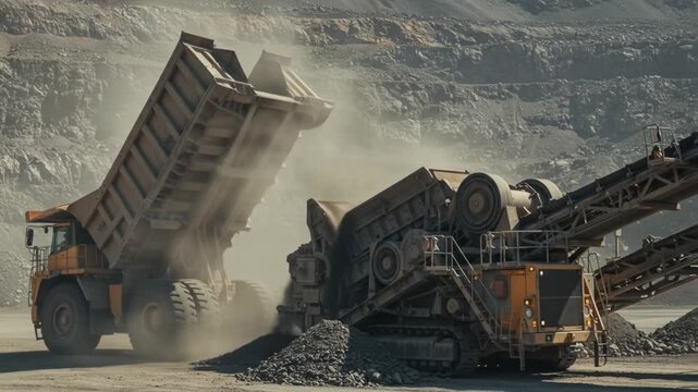 Huge mining truck dumps ore
