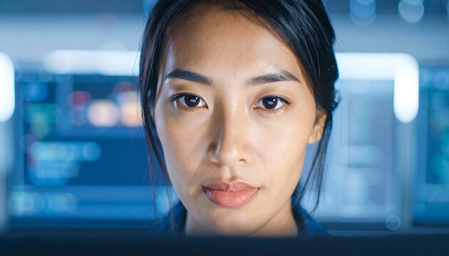 Close-up woman focused on monitor