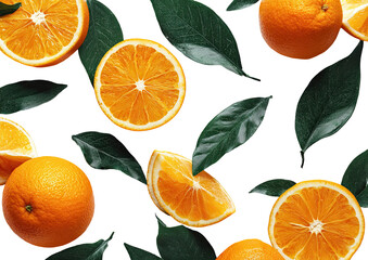 Fresh orange slices and leaves on black background
