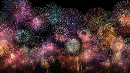 Fototapeta premium Night sky filled with grand fireworks colorful bright lights spectacular explosions festive joyful atmosphere