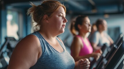 Women Concentrated on Treadmill Workout in Light-Flooded Gym - Synchronized Cardio and Mental Resilience Building