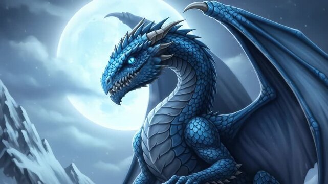 Majestic Blue Dragon Perched on Snowy Mountain Under Full Moon