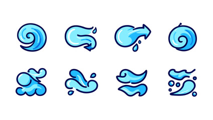 Collection of eight stylized blue water droplet icons with a hand drawn cartoon look and feel design