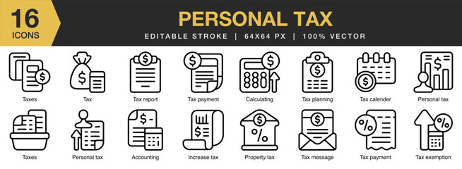 Personal Tax icon set. Editable Stroke Icon Collection. Includes  tax, business, investment, finance, accounting, and More. Outline icons vector collection.