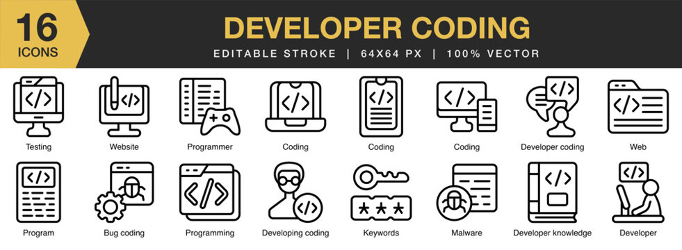 Developer Coding icon set. Editable Stroke Icon Collection. Includes technology, software, programming, data, coding, and More. Outline icons vector collection.