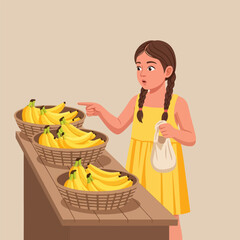 Girl Pointing at Bananas in Baskets Choosing Fresh Fruit at Market