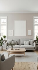 Elegant modern living room interior with sofa and blank canvas art for customization