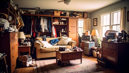 Cluttered room with furniture and belongings
