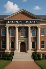 The stately brick building of a university stands proudly under a clear blue sky with white columns