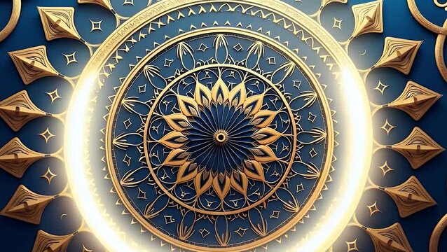 Vector illustration of ornate Islamic geometric frame in gold and navy, perfect for borders, greeting cards, or product packaging. Intricate, symmetrical, and elegant.

