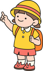 a girl in a hat pointing in that direction