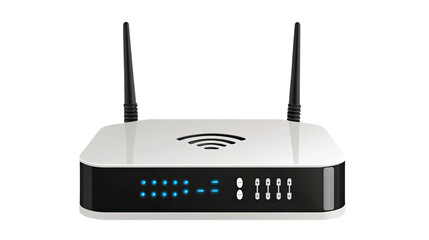 Black and white WiFi internet router device with a double external antenna for wireless connectivity isolated on white background