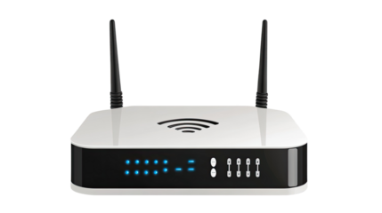 Black and white WiFi internet router device with a double external antenna for wireless connectivity isolated on white background