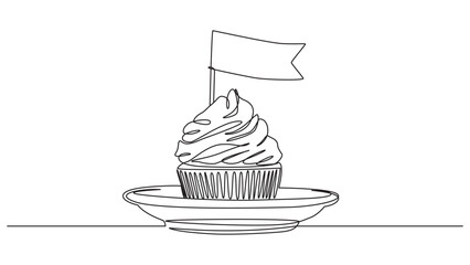 One line drawing of cupcake with flag, celebration and sweet temptation