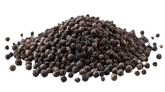 Pile of black ground pepper fine texture spice seasoning for cooking and flavor enhancement isolated on white background