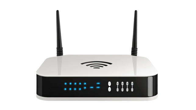 Black and white WiFi internet router device with a double external antenna for wireless connectivity isolated on white background