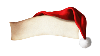 Blank Christmas scroll with red Santa hat placed on top representing festive message space isolated on white background