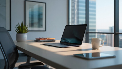 Modern Office Desk with Laptop, Minimalist Workspace and Home Office Setup