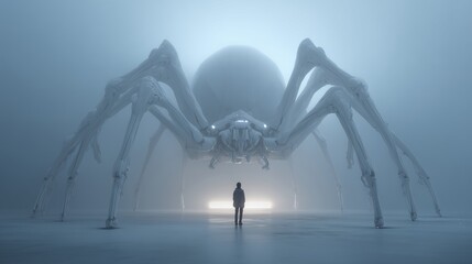 Person standing under the shadow of a massive robotic spider on a white minimalist scene, futuristic and eerie