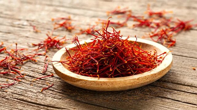 Close-up of vibrant saffron threads in a wooden bowl on rustic wooden table, showcasing their rich color and texture