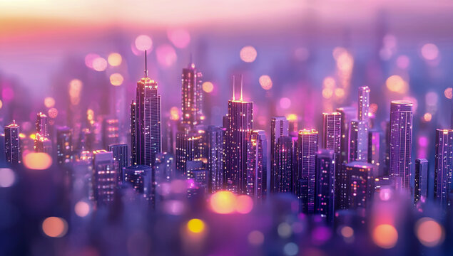 A futuristic cityscape composed of tiny, bright skyscrapers in vibrant shades of purple and pink, illuminated by an abstract digital backdrop filled with soft bokeh lights and neon atmospheres.